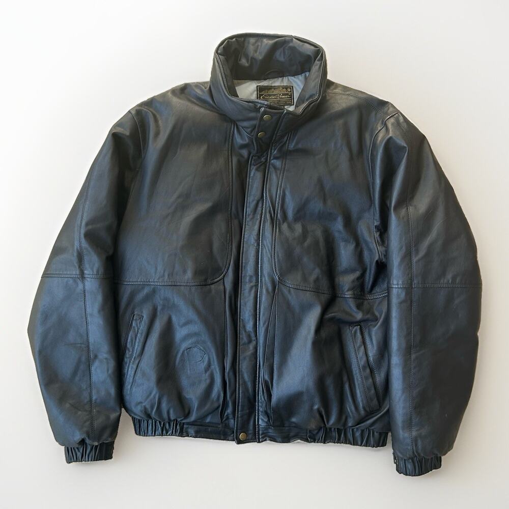 Eddie Bauer Men's Jacket Leather Goose Down Bomber 80s 90s Size XL Vintage Black